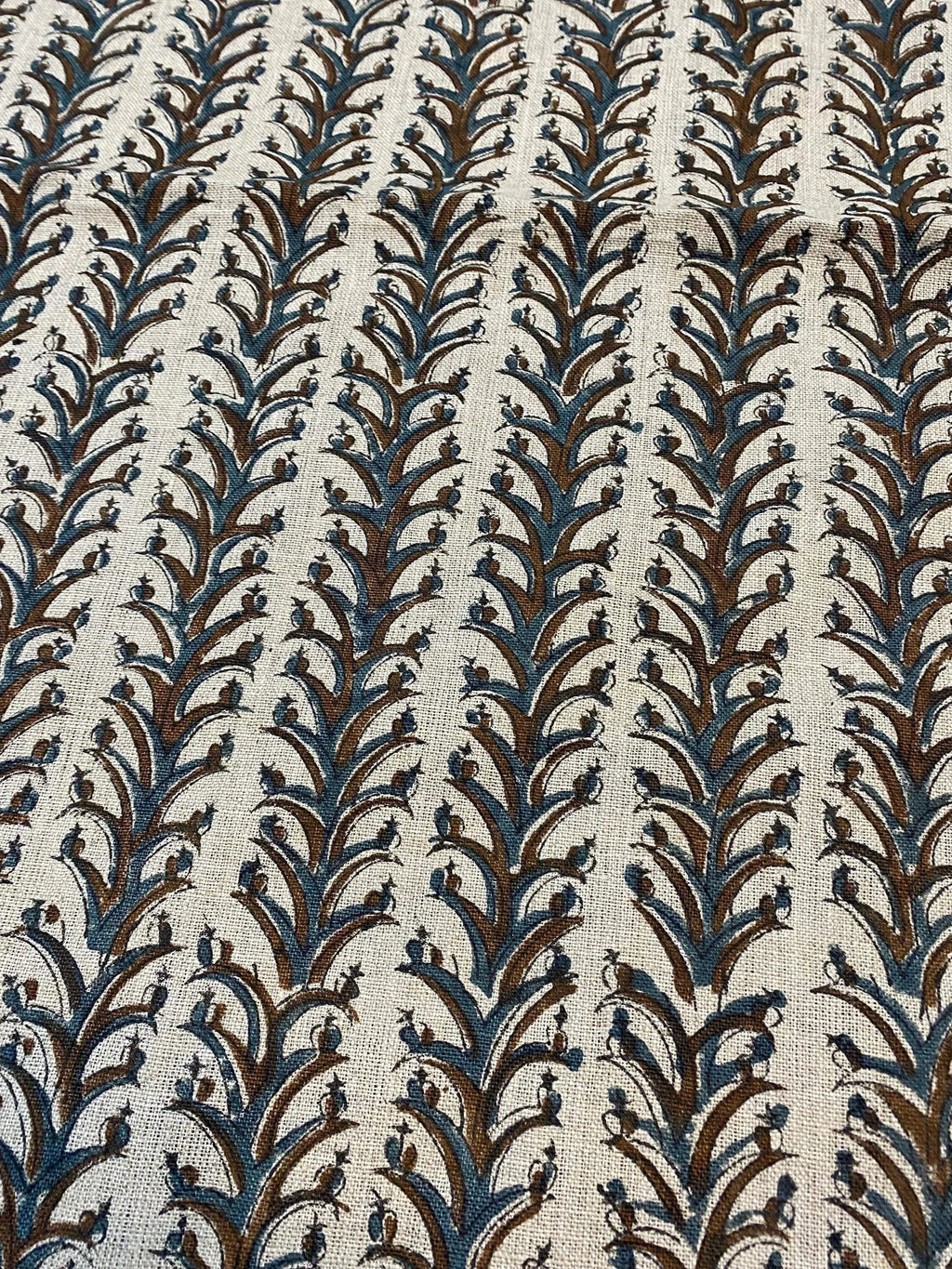 Joy Indian Hand Block Print Linen Fabric For Curtains and Upholstery Blue Brown Black Outline Linen Fabric