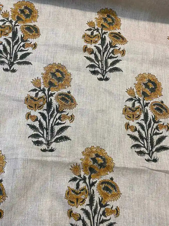 Veda Hand Block Linen Mustard Off-White Linen Fabric
