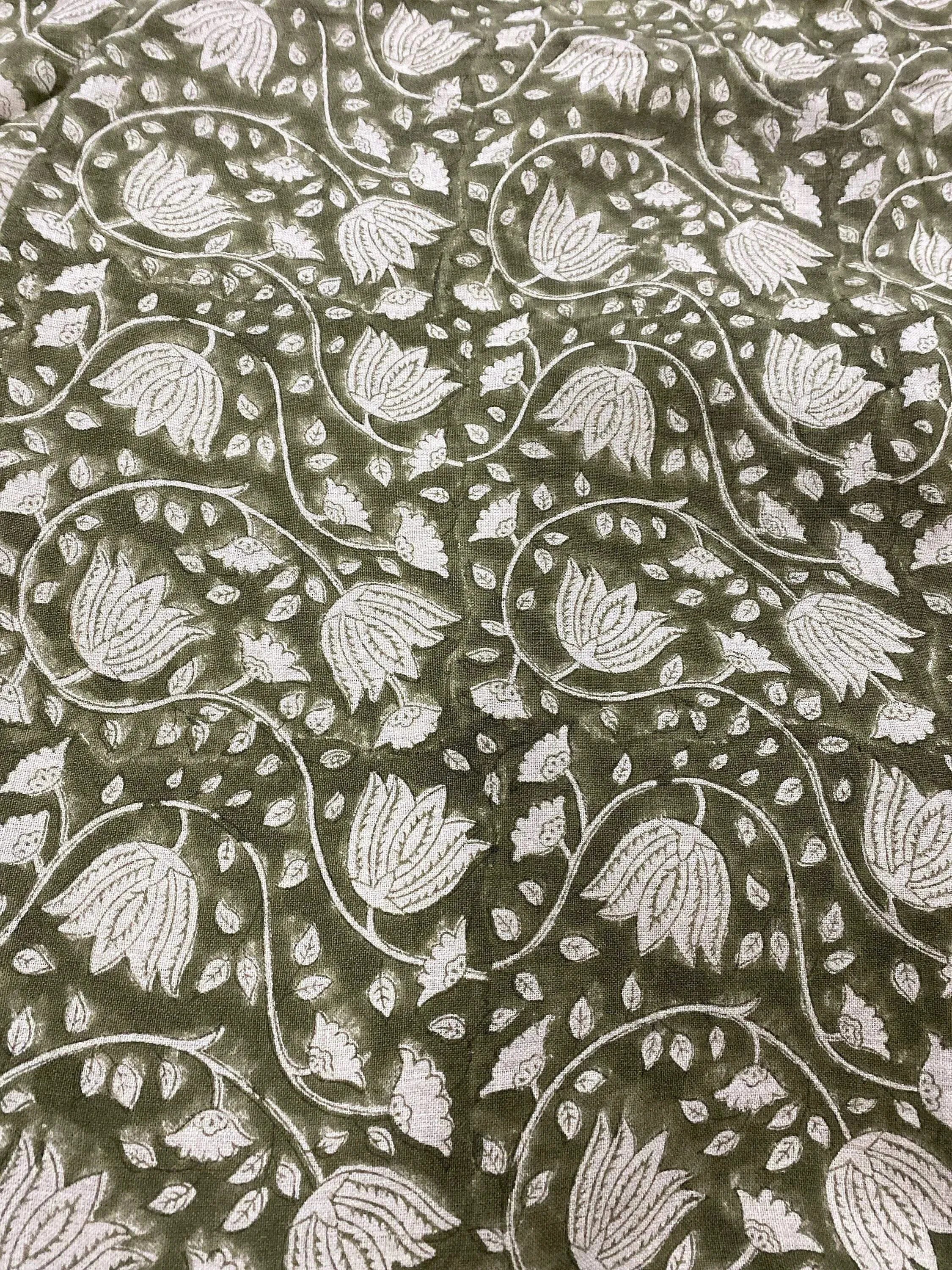 Vivienne Block Print Upholstery Linen Fabric Sage Green Off-White Linen Fabric