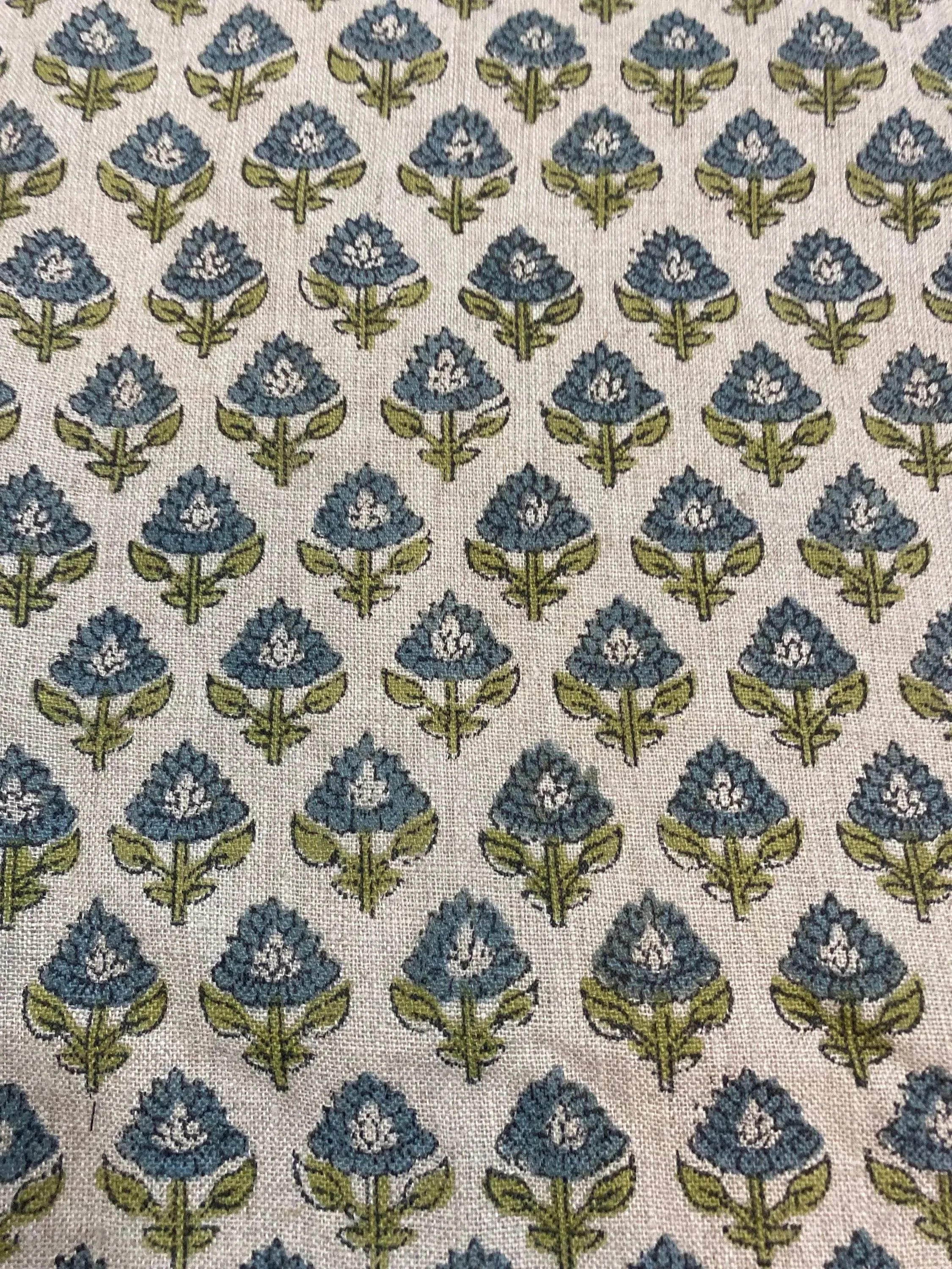 Orla Hand Block Linen Fabric Teal Blue Linen Fabric