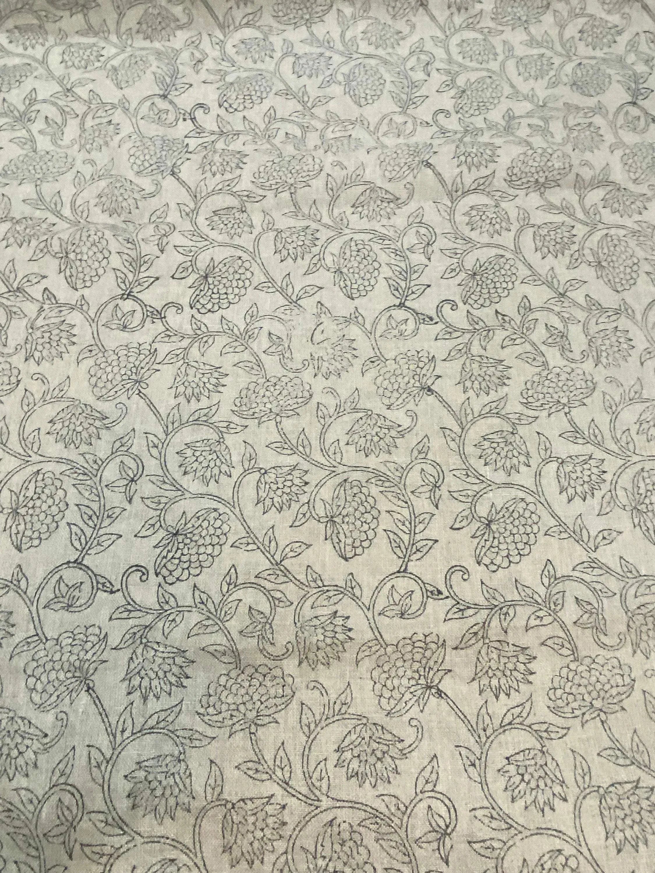 Fiora Block Printed Linen Fabric Black Outline Off-White Linen Fabric