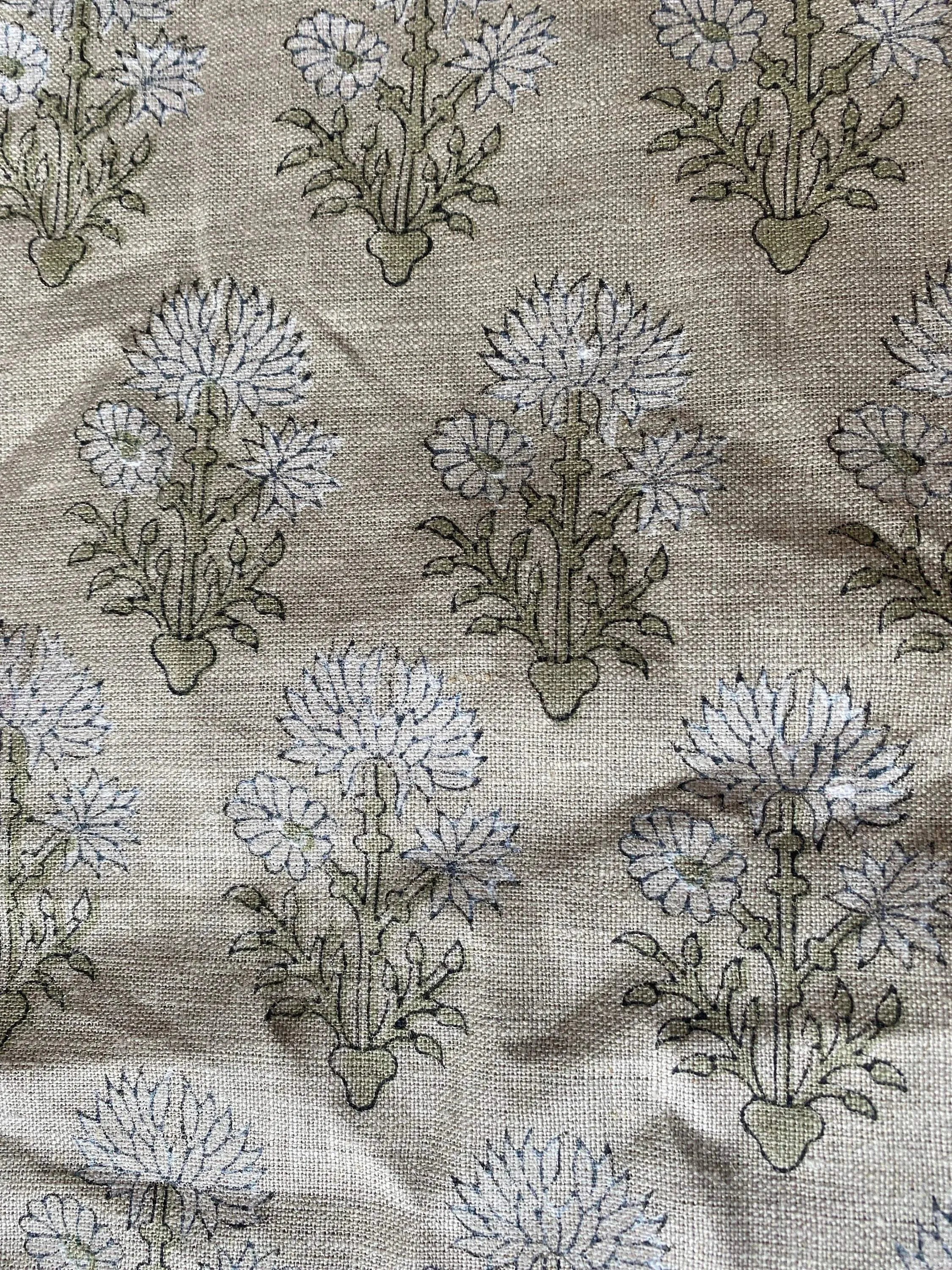 Sandra Hand-Block Printed Linen Fabric Muted Olive Linen Fabric