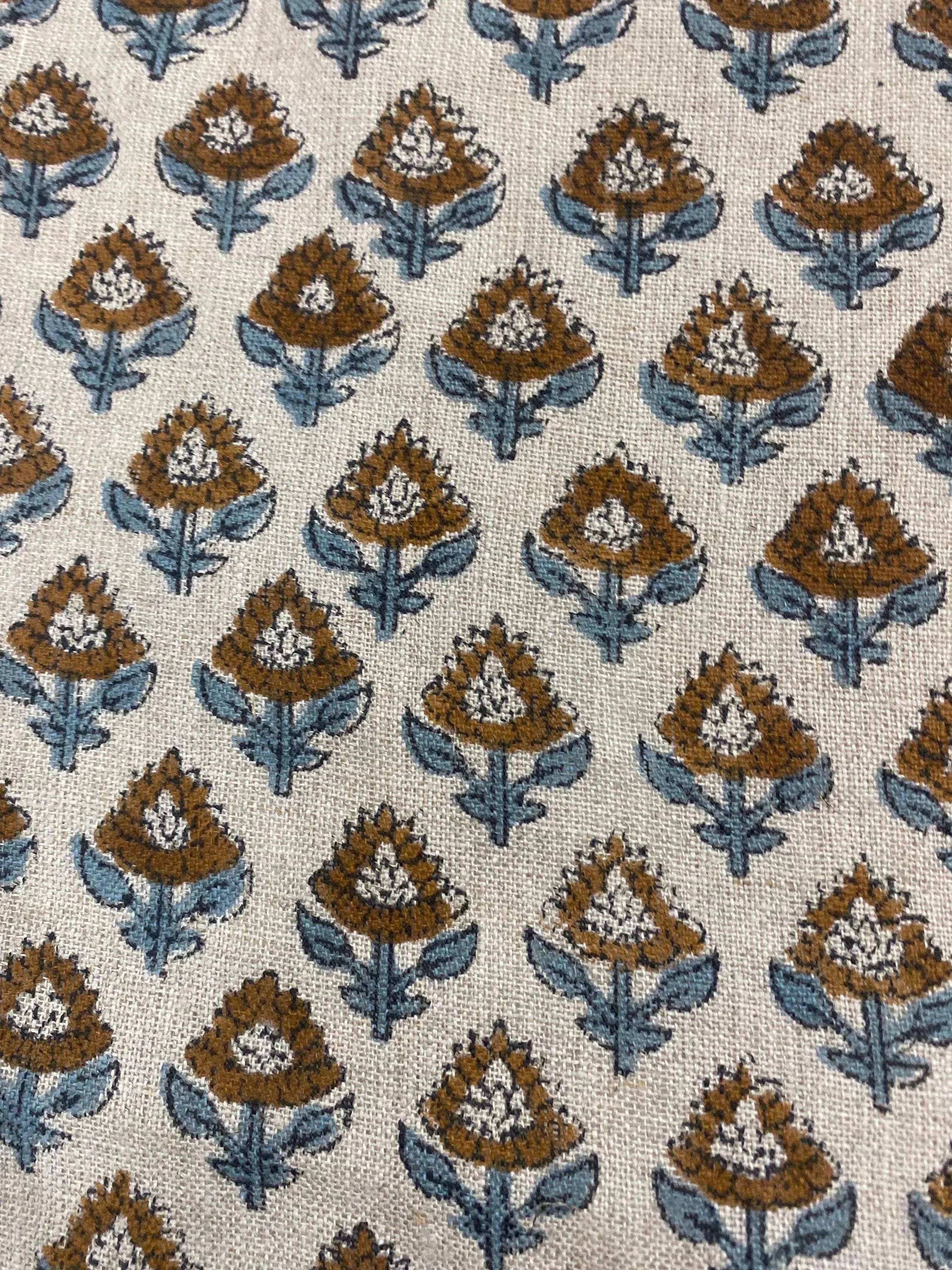 Orla Hand Block Linen Fabric Brown Teal Blue Linen Fabric