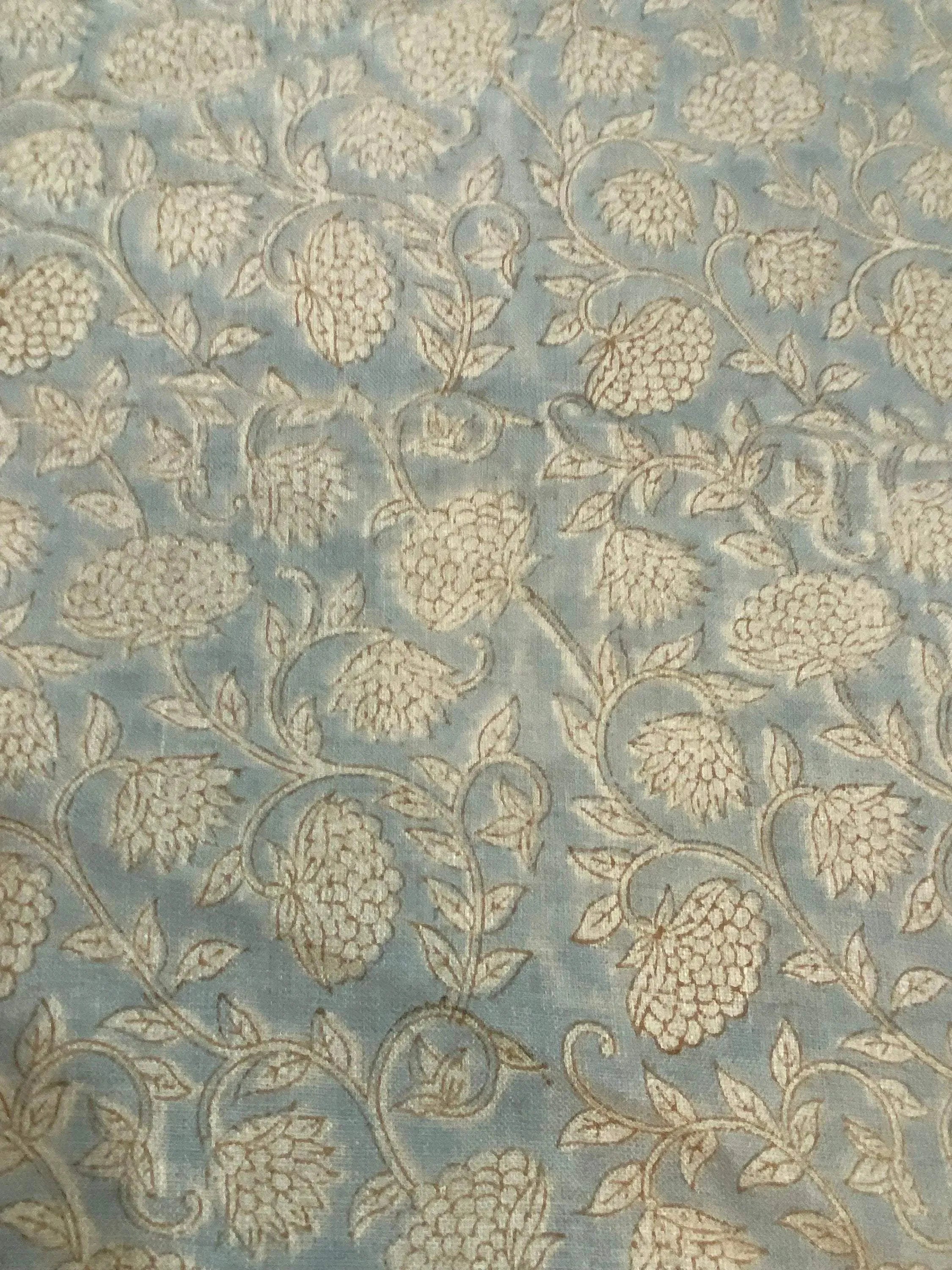 Fiora Block Printed Linen Fabric Teal Brown Outline Linen Fabric