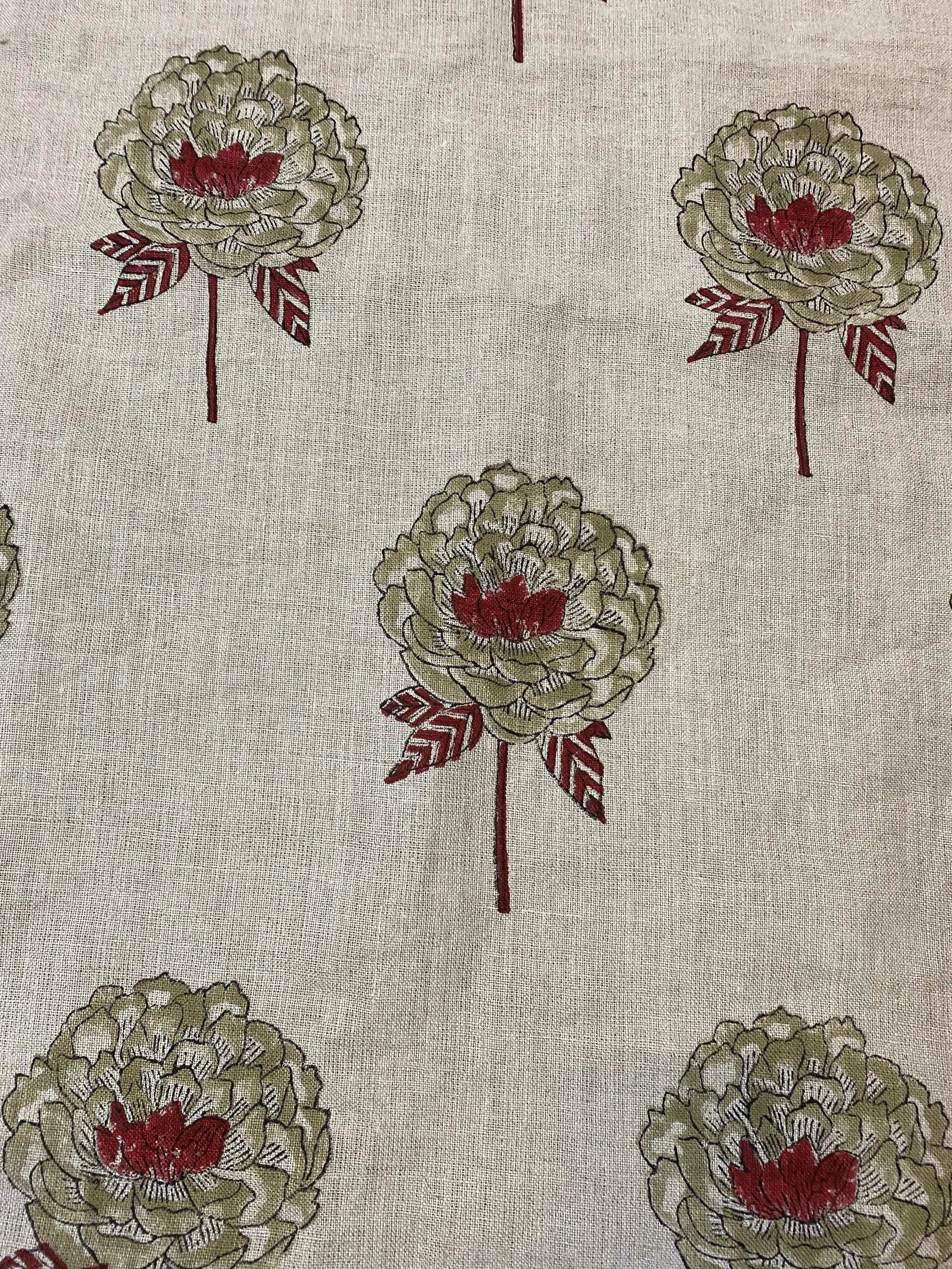 Ines Block Printed Linen Fabric Sage Green Linen Fabric