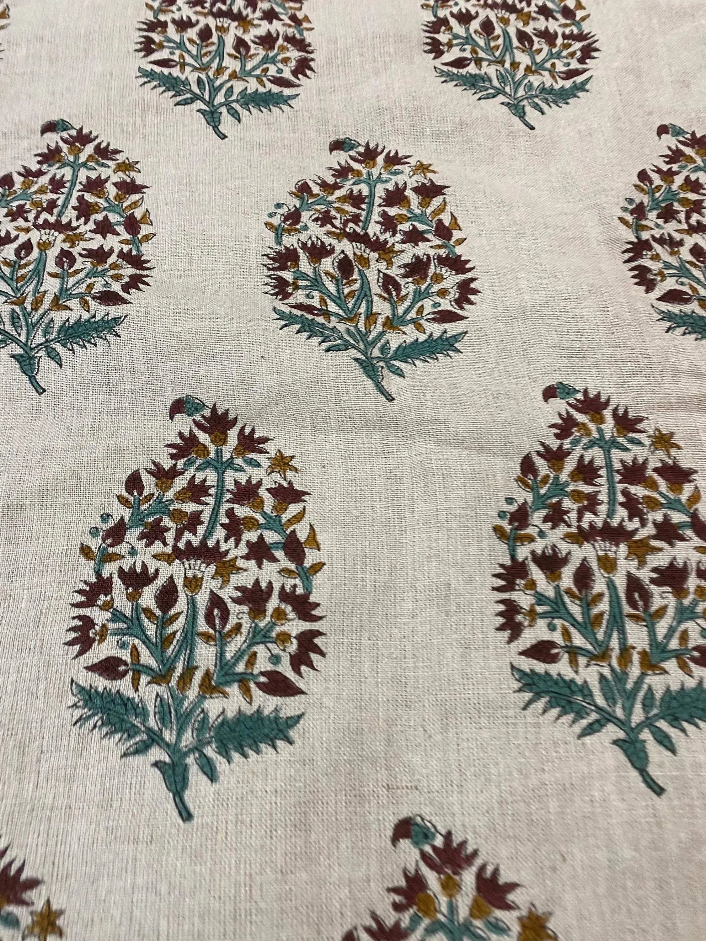 Brittany Hand Block Printed Linen by the Yard Dark Brown light brown teal blue beige Linen Fabric
