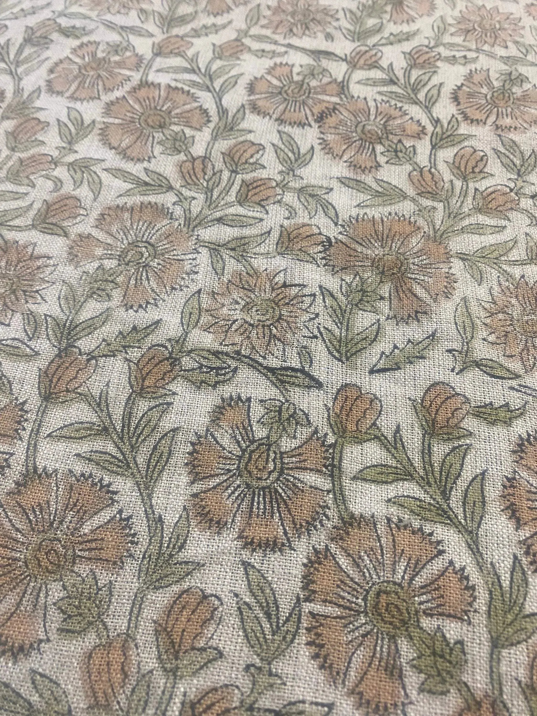 Veronica Hand Block Printed Linen Fabric Light Brown Sage Green Linen Fabric