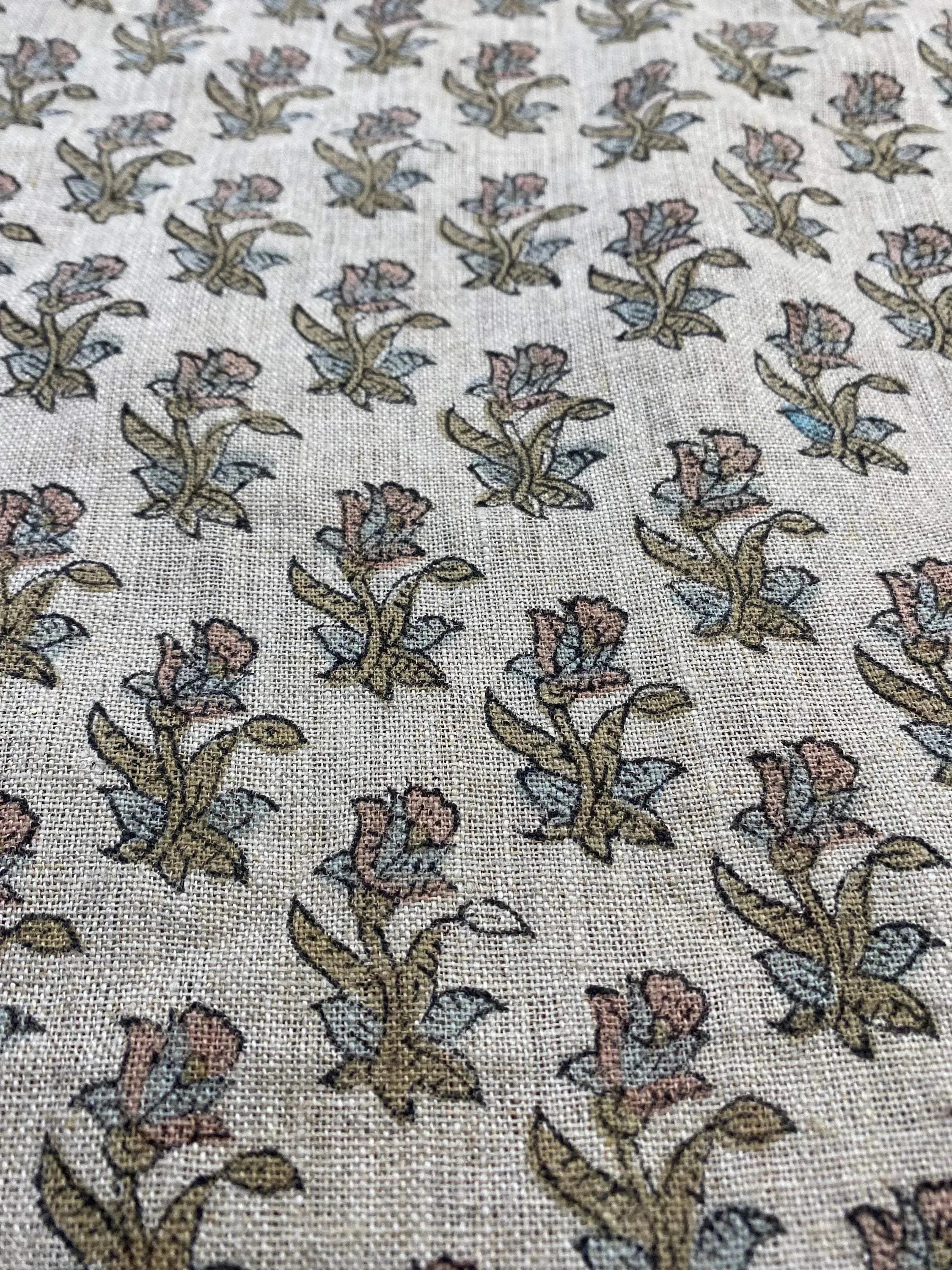 Petra Block Printed Linen Fabric Sage Green Linen Fabric