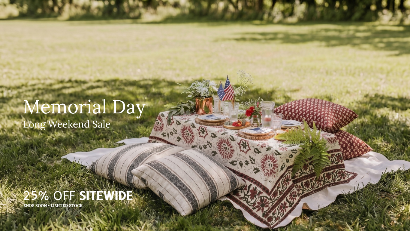 Memorial day outoor picnic setup with Pillows, Table covers, handmade designer block printed linen pillow covers, premium inserts