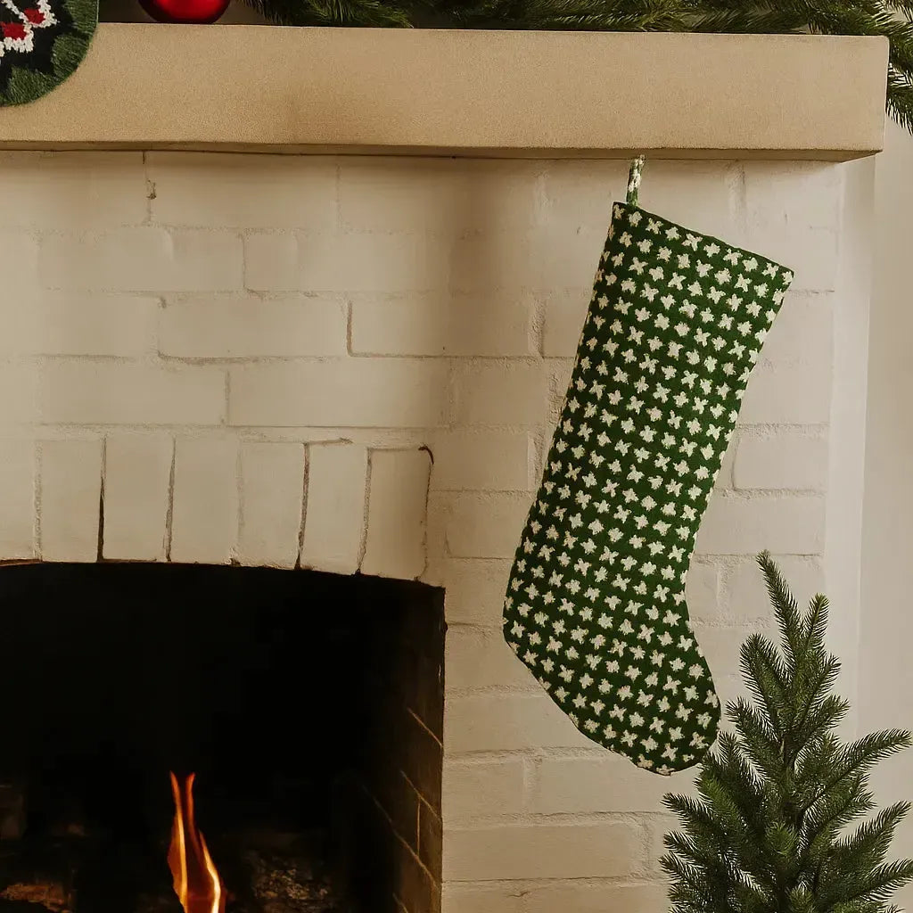 Hand-Block Printed Green Holiday Stocking Stockings