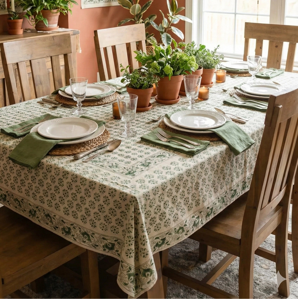 Dining table set with floral tablecloth, plates, and chairs in a home setting.