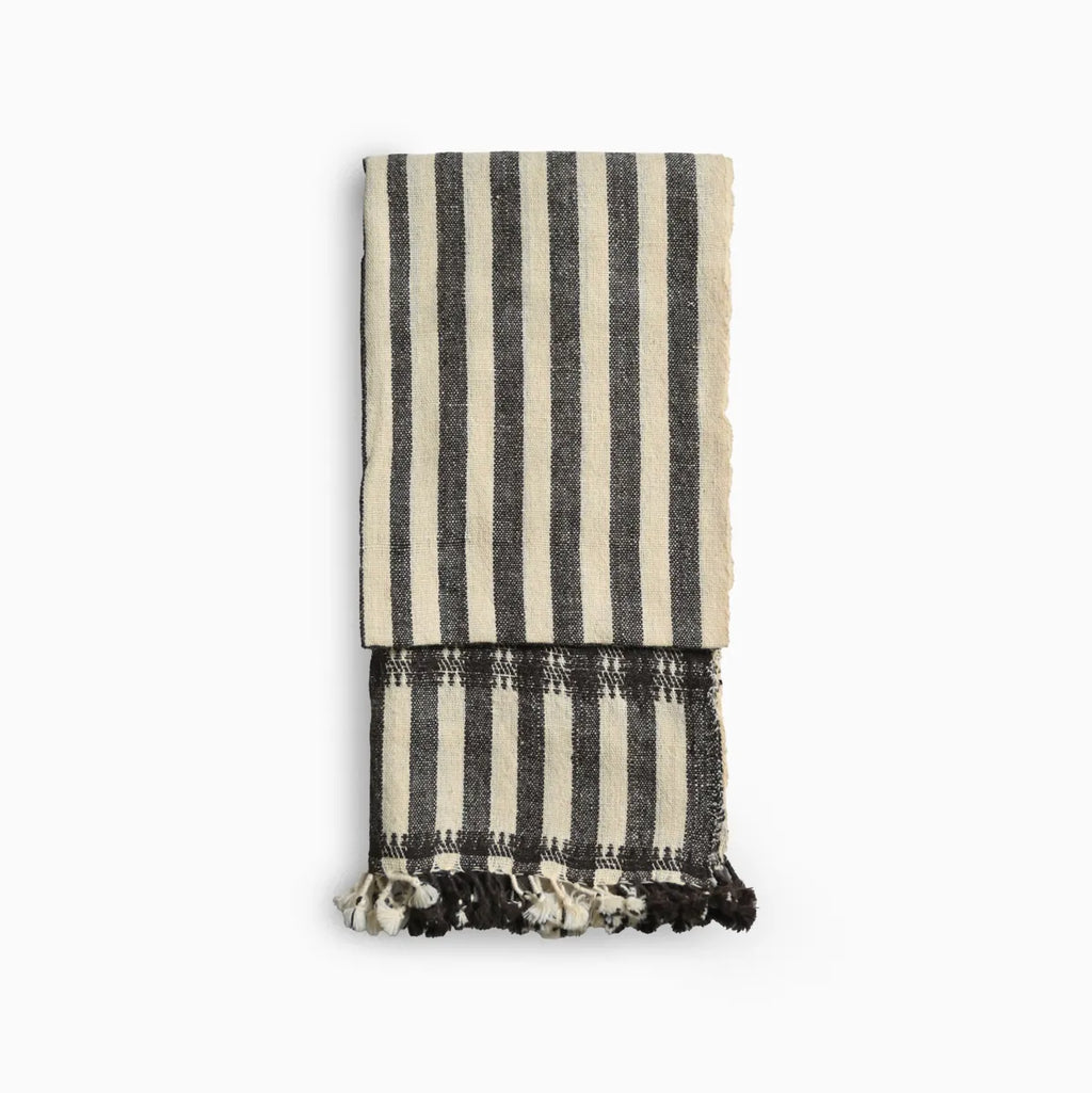 Handwoven Vintage Bhujodi Bed Throw -Black and Biege Stripes - 24" x 80" Handloom Throws