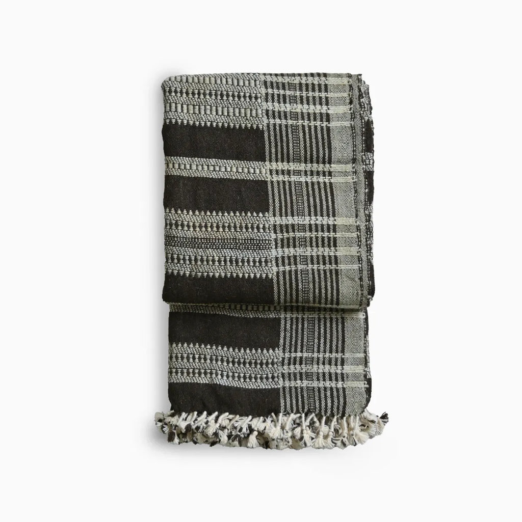 Handwoven Vintage Bhujodi Bed Throw -Black - 50" x 90" Handloom Throws